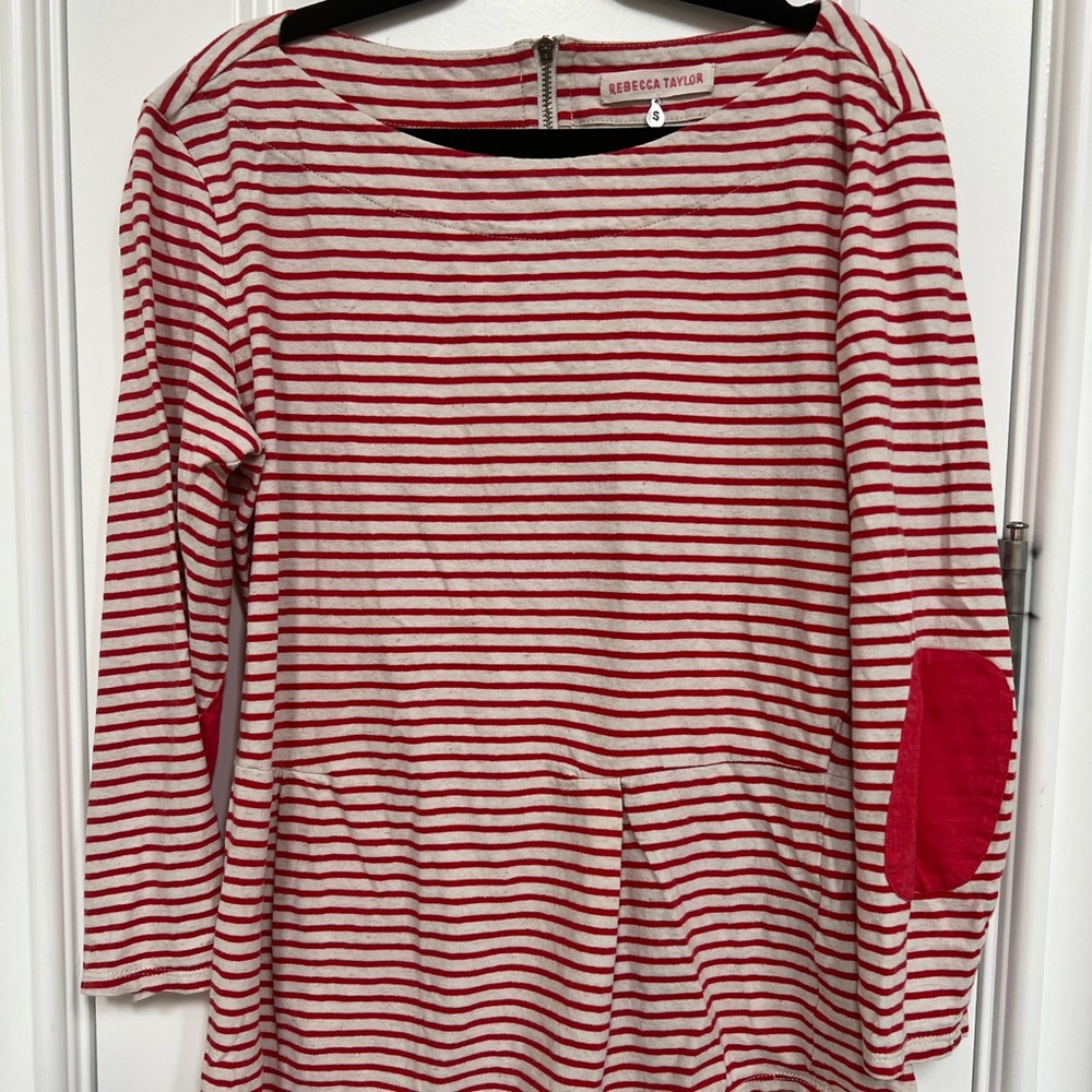 Rebecca Taylor Red White Striped Women's Medium Peplum 3/4 Length Sleeve Blouse